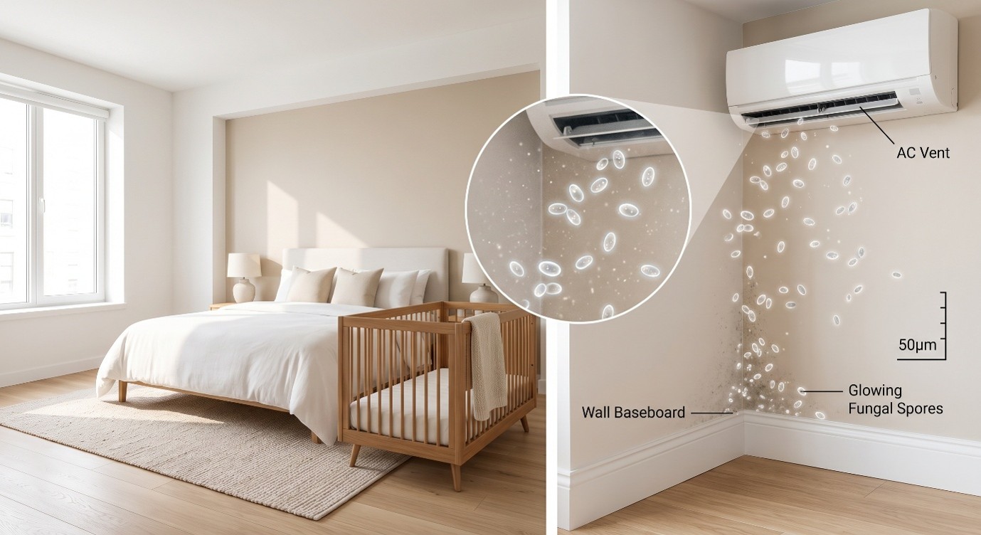 Air conditioner unit dispersing fungal spores into the room